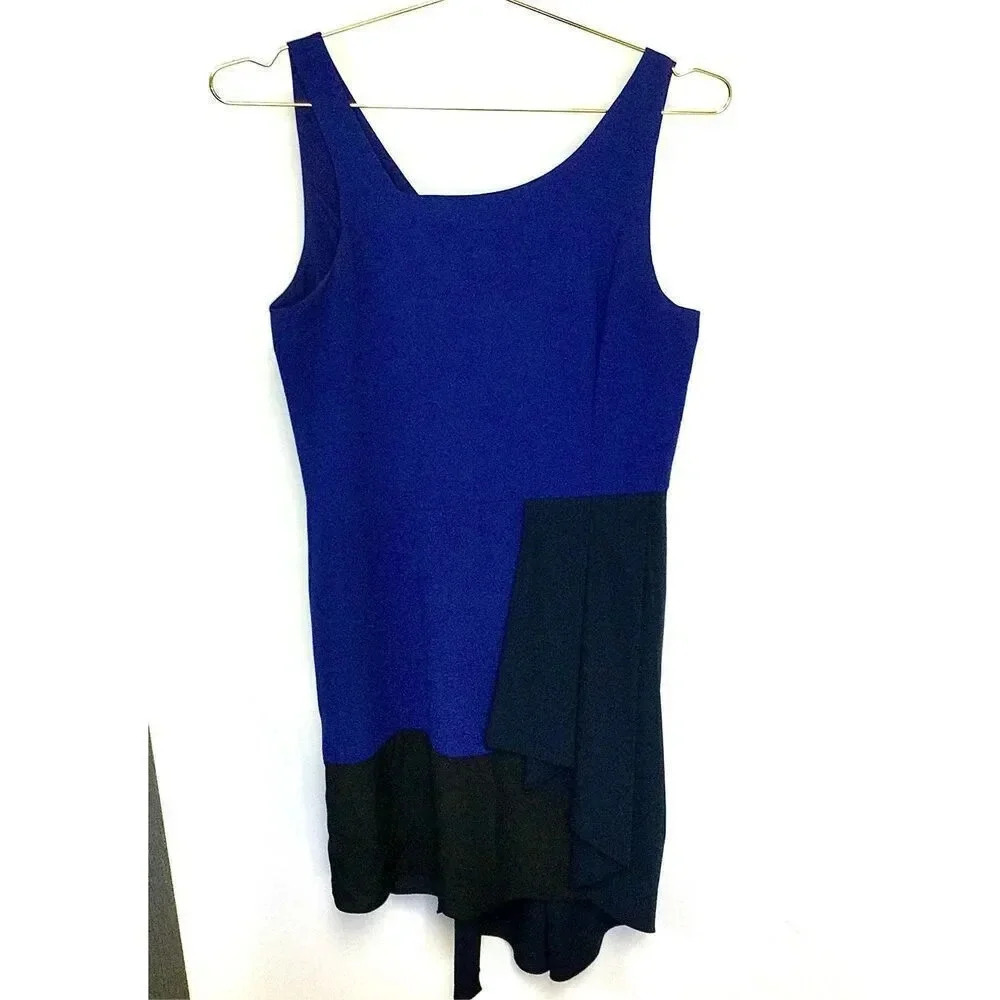 BCBGMAXARIA Womens Blue Black Colorblock Silk Blend Asymmetrical Dress Size 4